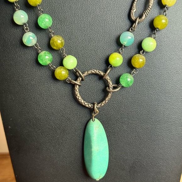 Vintage Rustic Elegant Green and Yellow Beaded Sterling Necklace - Picture 3 of 16